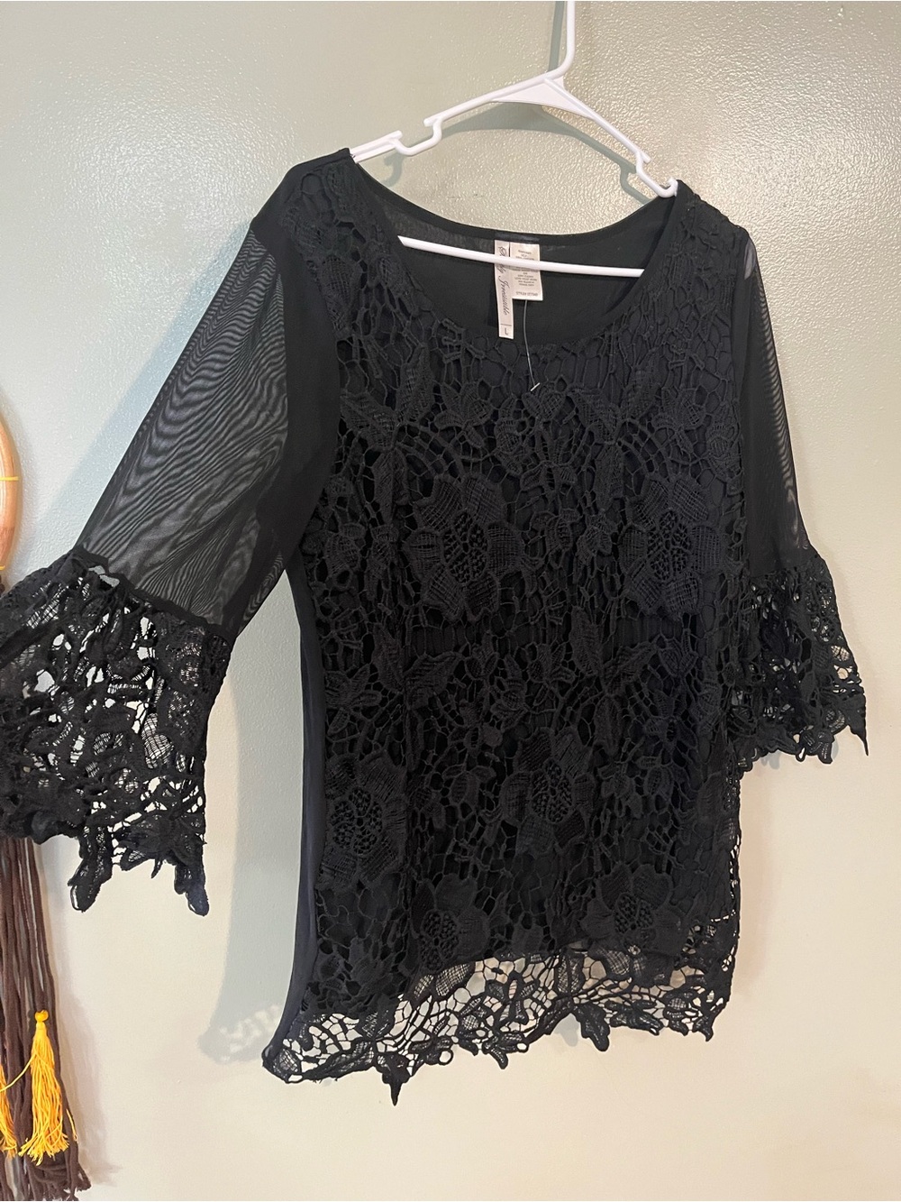 Black Lace Bell Sleeve Top - Women Simply Irresistible Grunge L NWT